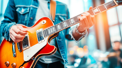 Obraz premium Electric Guitarist: Close-up shot of a musician playing a sunburst electric guitar. The focus is on the hands and the instrument, creating a dynamic and energetic image. 