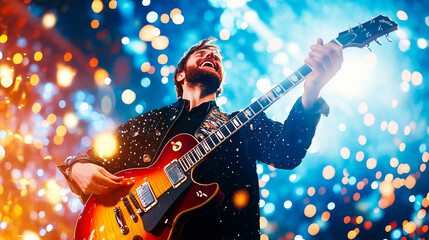 Rockstar Under the Fireworks: A passionate guitarist shreds on stage, bathed in the vibrant glow of fireworks and confetti.  The energy is palpable, capturing the raw emotion of a live performance. 