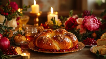 Obraz premium A beautifully arranged festive table featuring a golden braided bread with sesame seeds surrounded by fruits, flowers, and candles, creating an inviting and warm atmosphere.