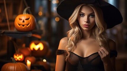 Fototapeta premium young woman dressed as a witch at halloween party