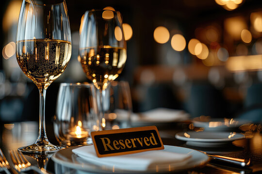 An elegant 'Reserved' sign on a table in a sophisticated restaurant with a chic table setting. The 'Reserved' sign elegantly marks a table, surrounded by tasteful decor and refined dining elements.