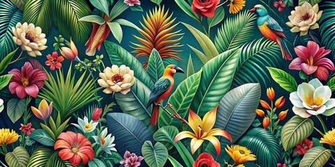 Elegant Vintage Tropical Wallpaper Design with Lush Greenery and Exotic Floral Patterns for Decor