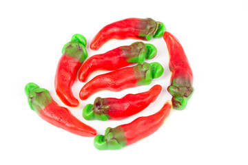 Hot Pepper Gummy Candy in Red and Green in Flat Lay Isolated on White