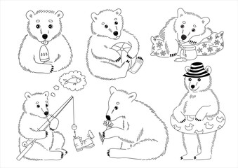 The bears are on vacation at sea. Summer stickers set with cute little bears. Hand-drawn outline flat illustration.	
