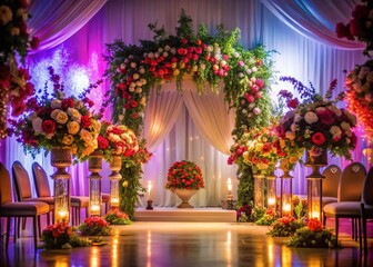 Elegant Wedding Ceremony on Stage with Floral Arrangements and Romantic Ambiance in Soft Lighting