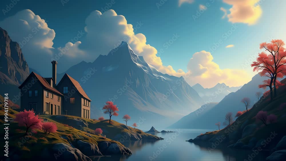 Wall mural A mountain range with a house and a lake in the foreground