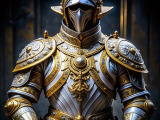 Fototapeta premium Elegant White Gold Armor Displayed Against a Dark Background, Perfect for Fantasy and Medieval Themes