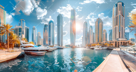 Obraz premium Promenade and canal in Dubai Marina, Dubai Marina promenade, Dubai Marina canal, waterfront views in Dubai 