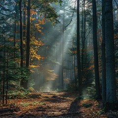 Naklejka premium Autumn foggy forest with light rays