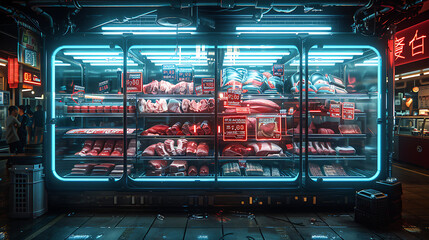 Obraz premium Meat aisle with various cuts displayed in a refrigerated grocery section. close-up of a meat fridge in a grocery store filled with various cuts of fresh meat various cuts of beef, pork and other meats