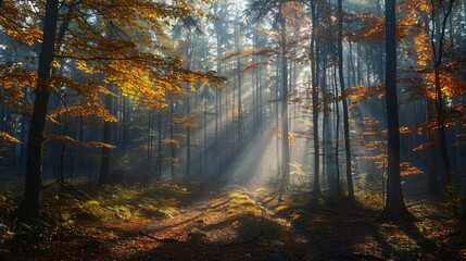 Fototapeta premium Autumn foggy forest with light rays