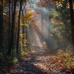 Fototapeta premium Autumn foggy forest with light rays