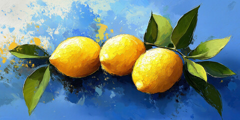 Pop art/ paint splash/ painting image of lemons with a blue background.