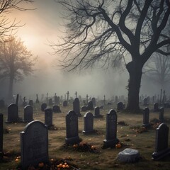 A Halloween background of a graveyard with tombstones, gravestones, and a misty atmosphere, perfect for Halloween background