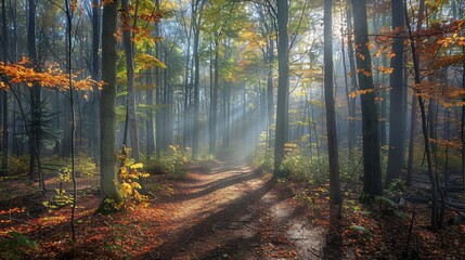 Fototapeta premium Autumn misty forest with light rays