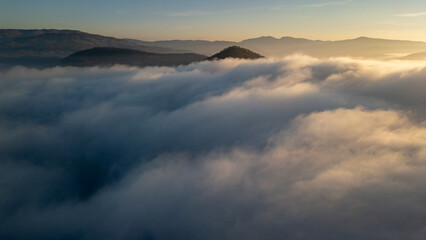 Aerial Dramatic Clouds on peak of Black Sea Region Mountains Stock Photo