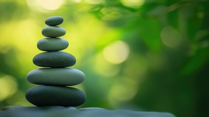 Obraz premium Balanced pyramid of pebbles arranged on a serene green background embodying simplicity harmony and zen inspired rock sculptures