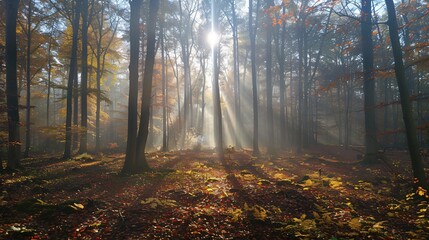 Obraz premium Autumn foggy forest with light rays
