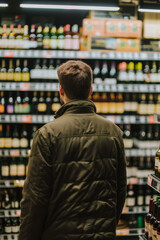 Fototapeta premium Back view of man looking at bottle of wine or beer in supermarket.
