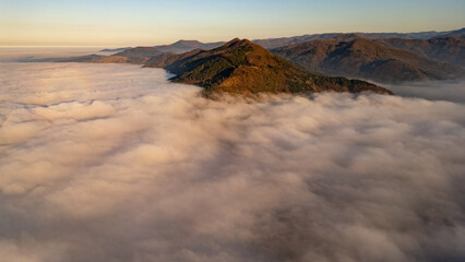 Aerial Dramatic Clouds on peak of Black Sea Region Mountains Stock Photo