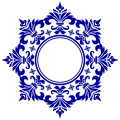 Round frame with blue floral leaves Round ornament damask.round damask frame design print or background