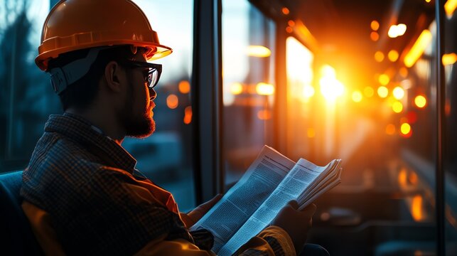 A construction worker in a hard hat reads a newspaper while riding on a bus, illuminated by the warm glow of the setting sun in the background. - Powered by Adobe