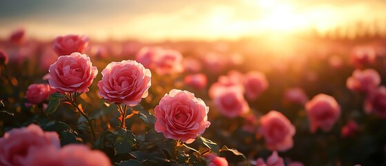 Obraz premium A sunlit field of blooming pink roses stretching into the distance