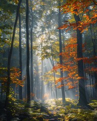 Fototapeta premium Fall foggy forest with light rays