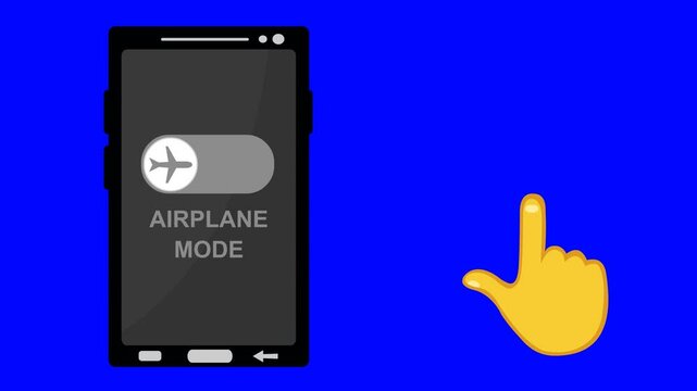 video animation yellow hand pressing pressing airplane mode button, with with enabled and disabled option. On blue chroma key background