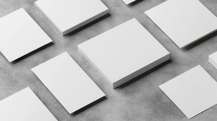Closeup of blank white rectangle business card mockups arranged diagonally on a neutral grey concrete surface Flat lay isometric perspective Open layout for corporate branding