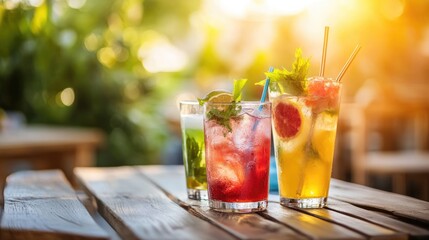 Refreshing summer beverages and cocktails on a wooden table