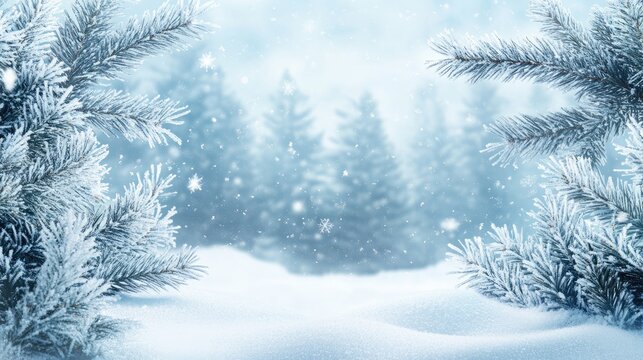 Winter holiday scenic backdrop featuring a snowy landscape with frosted spruce branches snowdrifts and falling snow creating a tranquil outdoor atmosphere and ample copy space in a blue tone