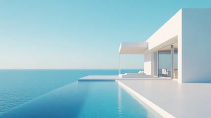 Fototapeta premium Minimalist white villa featuring a swimming pool set against a clear blue sky