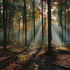 Fototapeta premium Autumn misty forest with light rays