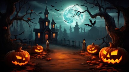 halloween scene horror background with creepy pumpkins of spooky halloween haunted mansion Evil houseat night with full moon