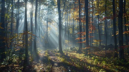 Obraz premium Autumn misty forest with light rays