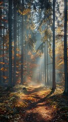 Obraz premium Autumn misty forest with light rays