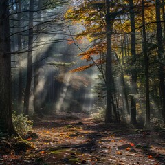 Fototapeta premium Autumn misty forest with light rays