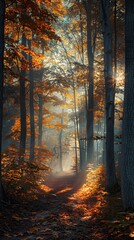 Obraz premium Autumn misty forest with light rays