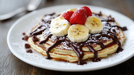 Children s breakfast featuring pancakes topped with banana and chocolate decorations