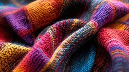 A close up view of vibrant plaid knit made from an array of yarns ideal for crafts like knitting and needlework