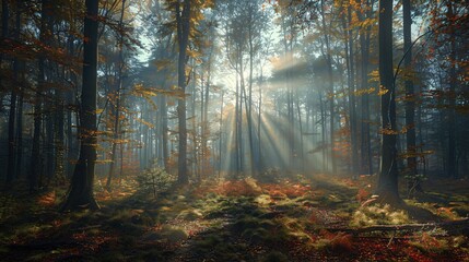 Fototapeta premium Autumn misty forest with light rays