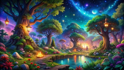 Enchanted Forest Adventure with Mystical Creatures and Ancient Trees Under a Starry Night Sky