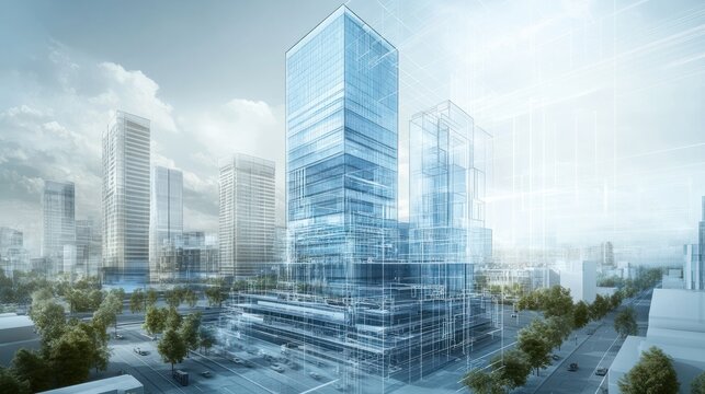 A detailed blueprint showcasing the design and structure of a towering building in a bustling urban landscape, Blueprints of future building superimposed on the engineering site, AI Generated