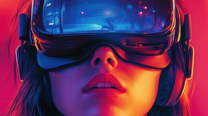 A vibrant portrayal of a woman wearing VR goggles, immersed in a futuristic digital world, colored in striking neon hues.