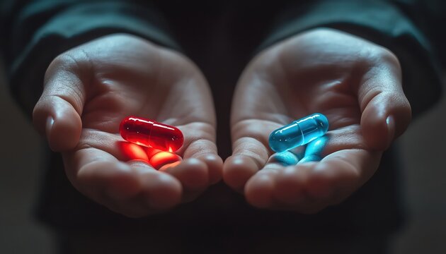Hands holding a red pill and a blue pill in dramatic lighting, dark background, symbolic and thoughtprovoking choice
