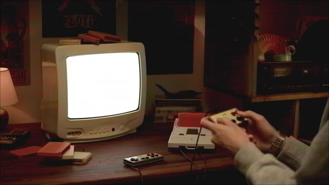 Vintage tv chroma key green screen with Old TV Game Console with ROM Cartridge with TV, Vintage Gamer Room Joystick and Retro TV, Man Player Start the Game, Play.