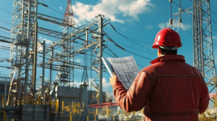 A red-hatted engineer holds blueprints at an electrical substation while holding a red hardhat.