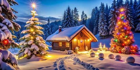 Enchanting Christmas Scene with Snow-Covered Trees, Twinkling Lights, and a Cozy Cabin Atmosphere