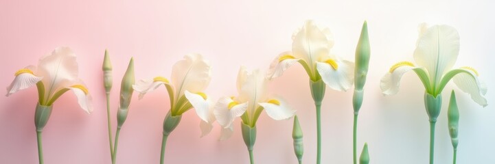 Obraz premium Soft pastel-colored irises elegantly display their beauty, perfect for floral design, wedding invitations, and nature-themed projects.